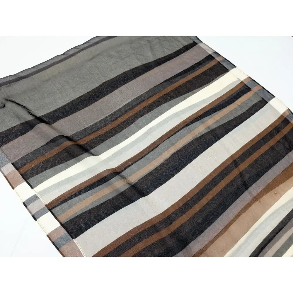 Vintage Scarf Silk Black Brown Cream Stripe Sheer Rectangular